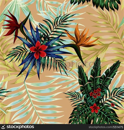 Cool exotic flowers plumeria, bird of paradise and green, blue tropical palm banana monstera leaves seamless vector pattern on the pink background. Trendy wallpaper