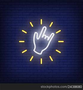 Cool gesture neon sign. Hand sign in yellow lights. Night bright advertisement. Vector illustration in neon style for rock and concert