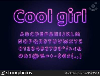 Cool girl neon light font template. Purple illuminated vector alphabet set. Bright capital letters, numbers and symbols with outer glowing effect. Nightlife typography. Girlish typeface design