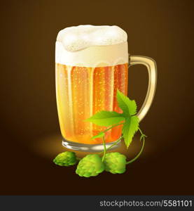 Cool glass mug of cold golden beer with foam and hop background vector illustration