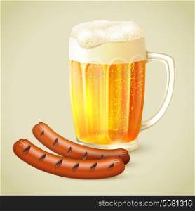 Cool glass mug of cold golden beer with froth and grilled sausage emblem vector illustration