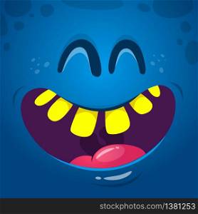 Cool happy cartoon monster face. Vector Halloween monster laughing with wide mouth