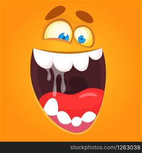 Cool happy cartoon monster face. Vector Halloween orange monster with wide mouth smiling full of saliva.