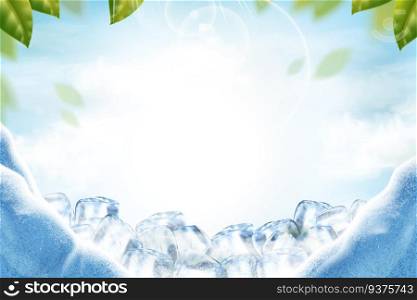 Cool ice background with green leaves and sunbeams in 3d illustration. Cool ice background