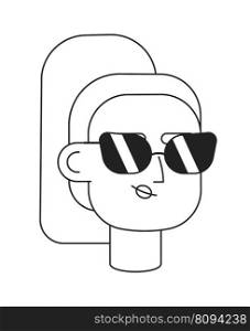 Cool light haired girl with sunglasses monochromatic flat vector character head. Editable black white cartoon face emotion. Hand drawn lineart ink spot illustration for web graphic design, animation. Cool light haired girl with sunglasses monochromatic flat vector character head