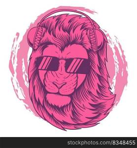 Cool lion Pink headphone vector illustration