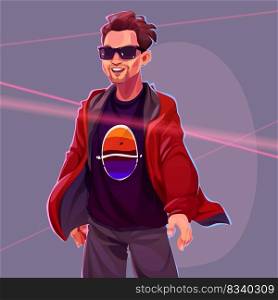 Cool man in sunglasses and fashioned clothes. Cartoon male character portrait, smiling guy wear casual t-shirt with print and jumper stand on abstract background with laser beams, Vector illustration. Cool man in sunglasses and trendy clothes, vector