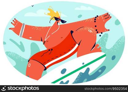 Cool man surfer standing on board surfing on eaves in ocean. Smiling male relax sliding in sea on summertime holidays. Summer activity. Vector illustration.. Man surfing on waves in ocean