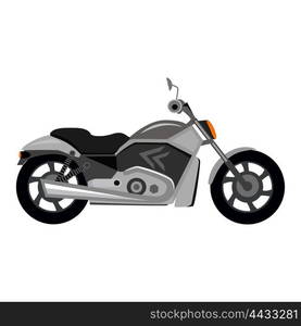 Cool motorcycle isolated on white background. Vehicle on two wheels, biker chopper. Transport modern motorbike with power engine. Classic bike for riding in a flat style. Vector illustration