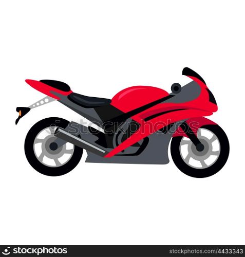 Cool motorcycle isolated on white background. Vehicle on two wheels, biker chopper. Transport modern motorbike with power engine. Classic red bike for riding in a flat style. Vector illustration