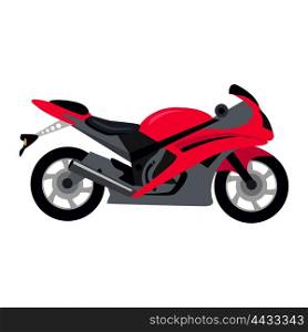 Cool motorcycle isolated on white background. Vehicle on two wheels, biker chopper. Transport modern motorbike with power engine. Classic red bike for riding in a flat style. Vector illustration