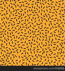Cool neo hipster style memphis seamless pattern. Minimal ornament with black dashes on orange background. Vector illustration in memphis art style for modern graphic, invitation or booklet templates. Black dash memphis style orange seamless pattern