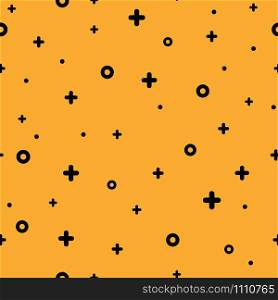 Cool neo hipster style memphis seamless pattern. Modern retro texture with rare funky and minimal shapes on orange background. Vector illustration in memphis pop art style for modern graphic or fabric. Orange memphis seamless pattern 80s - 90s style.