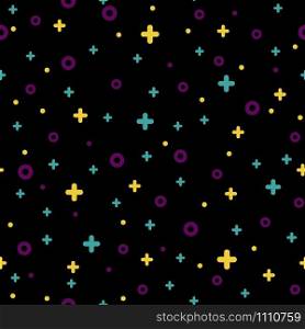 Cool neo hipster style memphis seamless pattern. Trendy texture with color simple funky shapes on black background. Vector illustration in memphis pop art style for modern graphic or booklet templates. 1980s style abstract shape black memphis pattern
