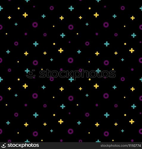 Cool neo hipster style memphis seamless pattern. Trendy texture with order color simple shapes on black background. Vector illustration in memphis pop art style for modern graphic or booklet templates. 1980s style structured shape black memphis pattern