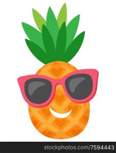 Cool pineapple wearing sunglasses and smiling vector. Fresh exotic tropical organic fruit, closeup of character drawing. Leaves of seasonal product. Pineapple with Foliage Serving as Cool Hairstyle