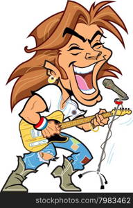 Cool rock star with microphone playing guitar and singing