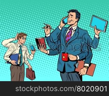Cool successful businessman and a loser pop art retro style. business solutions. multitasking. New technologies. Leader and laggard. Cool successful businessman and a loser