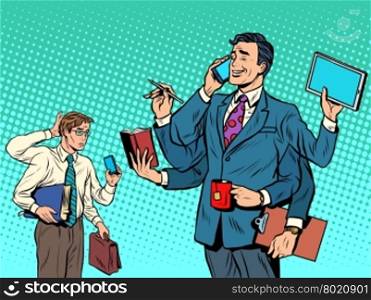 Cool successful businessman and a loser pop art retro style. business solutions. multitasking. New technologies. Leader and laggard. Cool successful businessman and a loser