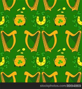 Cool trendy pattern with clover. Irish harp. Hand-drawn seamless pattern. Cute saint patrick fashion print.. Cool trendy pattern with clover. Irish harp. Hand-drawn seamless pattern. Cute saint patrick fashion print