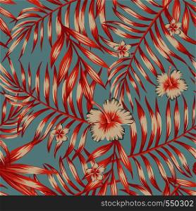 Cool tropical leaves. Hibiscus, plumeria flowers red, orange color. Seamless flat vector pattern on the blue background