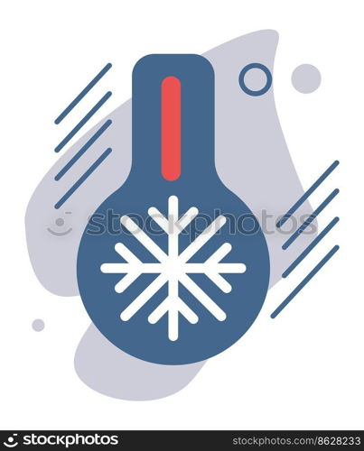 Cool weather forecast, isolated icon with thermometer and snowflake. Winter season, frost and low temperature measure climate change. Blizzard and snowfalls. Vector in flat style illustration. Weather forecast, thermometer with cooling degree