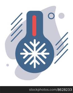 Cool weather forecast, isolated icon with thermometer and snowflake. Winter season, frost and low temperature measure climate change. Blizzard and snowfalls. Vector in flat style illustration. Weather forecast, thermometer with cooling degree