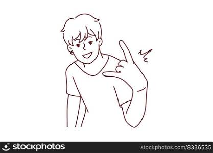 Cool young man show hand gesture. Smiling millennial guy demonstrate sign or symbol. Youth culture concept. Vector illustration. . Cool guy show hand gesture 