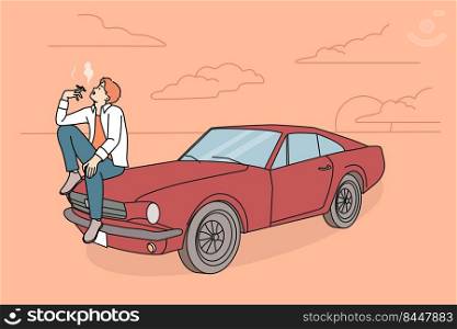 Cool young man sitting on retro car smoking. Guy relaxing near vintage automobile with cigarette. Vector illustration.. Young man sitting on retro car smoking