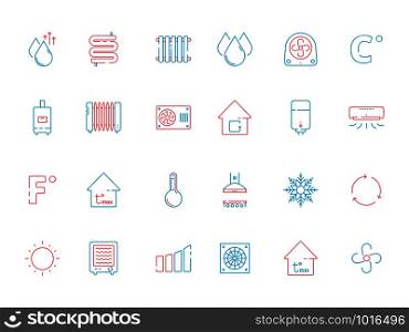 Cooling icons. Heating home conditioning symbols ventilation service vector colored thin pictures. Illustration of air conditioning, cooling system and conditioner equipment. Cooling icons. Heating home conditioning symbols ventilation service vector colored thin pictures
