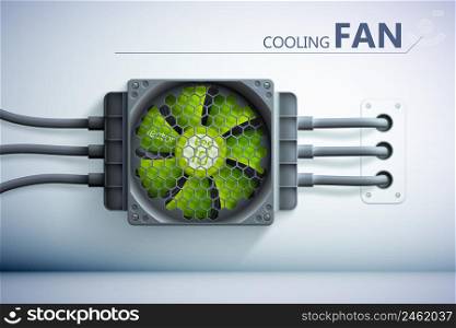 Cooling technology background with realistic green plastic fan grid and wires on gray wall vector illustration. Cooling Technology Background