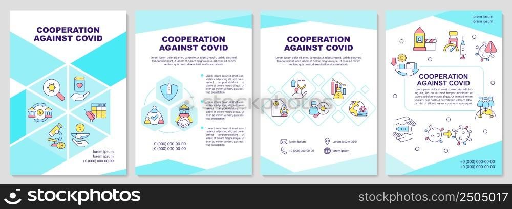 Cooperation against covid blue brochure template. Global medicine. Leaflet design with linear icons. 4 vector layouts for presentation, annual reports. Arial-Black, Myriad Pro-Regular fonts used. Cooperation against covid blue brochure template