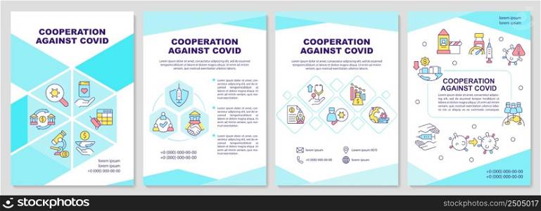 Cooperation against covid blue brochure template. Global medicine. Leaflet design with linear icons. 4 vector layouts for presentation, annual reports. Arial-Black, Myriad Pro-Regular fonts used. Cooperation against covid blue brochure template