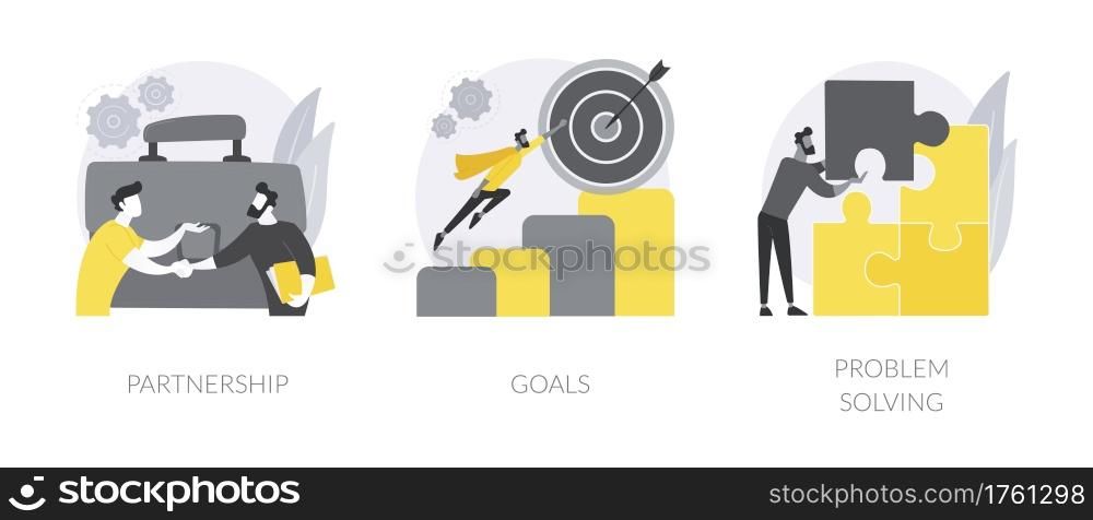 Cooperation and teamwork abstract concept vector illustration set. Partnership and goals, problem solving, business partner, strategic planning, decision making and mission setting abstract metaphor.. Cooperation and teamwork abstract concept vector illustrations.