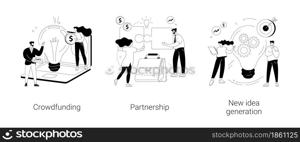 Cooperation and teamwork abstract concept vector illustration set. Crowdfunding and partnership, new idea generation, collect donations, business venture, entrepreneurship success abstract metaphor.. Cooperation and teamwork abstract concept vector illustrations.