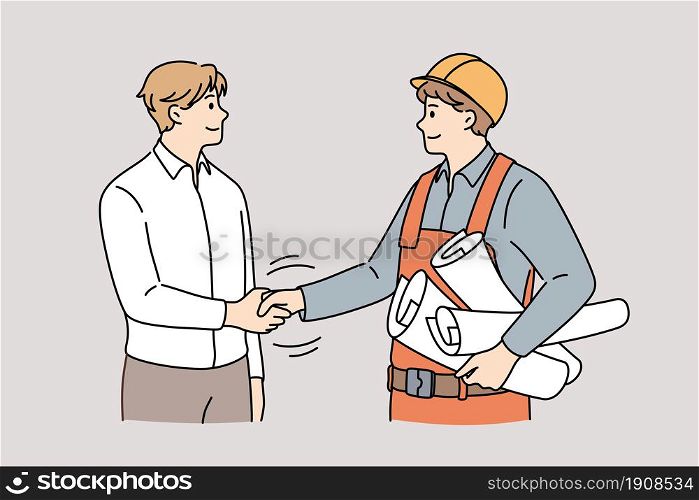 Cooperation between management and engineering concept. Young smiling men engineer constructor and manager customer standing shaking hands after successful collaboration vector illustration . Cooperation between management and engineering concept.