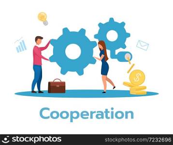 Cooperation flat vector illustration. Beneficial exchange. Partnership concept. Business model. Teamwork and collaboration. Workflow, job performance. Isolated cartoon character on white background. Cooperation flat vector illustration