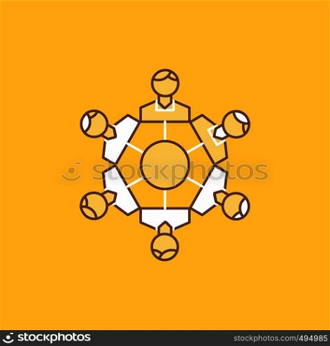 Cooperation, friends, game, games, playing Flat Line Filled Icon. Beautiful Logo button over yellow background for UI and UX, website or mobile application. Vector EPS10 Abstract Template background