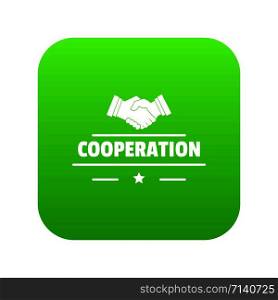 Cooperation icon green vector isolated on white background. Cooperation icon green vector