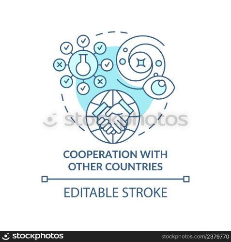 Cooperation with other countries turquoise concept icon. Space exploration benefit abstract idea thin line illustration. Isolated outline drawing. Editable stroke. Arial, Myriad Pro-Bold fonts used. Cooperation with other countries turquoise concept icon