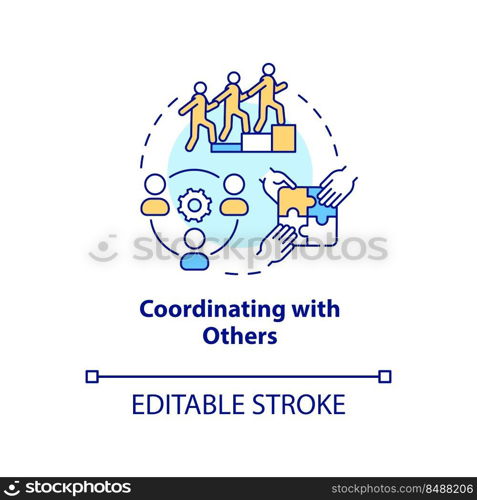 Coordinating with others concept icon. New team member. Onboarding process abstract idea thin line illustration. Isolated outline drawing. Editable stroke. Arial, Myriad Pro-Bold fonts used. Coordinating with others concept icon