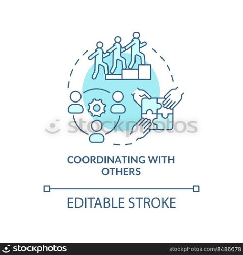 Coordinating with others turquoise concept icon. New team member. Onboarding process abstract idea thin line illustration. Isolated outline drawing. Editable stroke. Arial, Myriad Pro-Bold fonts used. Coordinating with others turquoise concept icon