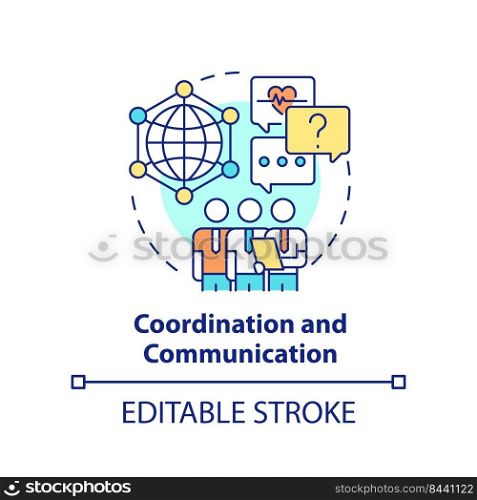 Coordination and communication concept icon. Pandemic preparedness effort abstract idea thin line illustration. Isolated outline drawing. Editable stroke. Arial, Myriad Pro-Bold fonts used. Coordination and communication concept icon