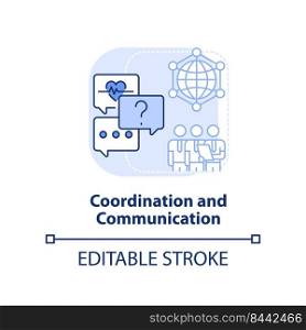 Coordination and communication light blue concept icon. Pandemic preparedness effort abstract idea thin line illustration. Isolated outline drawing. Editable stroke. Arial, Myriad Pro-Bold fonts used. Coordination and communication light blue concept icon