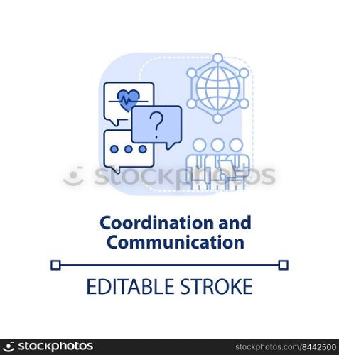 Coordination and communication light blue concept icon. Pandemic preparedness effort abstract idea thin line illustration. Isolated outline drawing. Editable stroke. Arial, Myriad Pro-Bold fonts used. Coordination and communication light blue concept icon