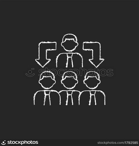 Coordination chalk white icon on dark background. Business relations. Process of organizing people. Team work skill. Colleagues work together. Isolated vector chalkboard illustration on black. Coordination chalk white icon on dark background