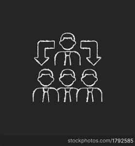 Coordination chalk white icon on dark background. Business relations. Process of organizing people. Team work skill. Colleagues work together. Isolated vector chalkboard illustration on black. Coordination chalk white icon on dark background
