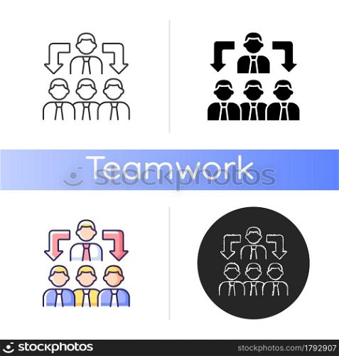 Coordination icon. Business relations. Process of organizing people. Team work skill. Coworking. Colleagues work together. Linear black and RGB color styles. Isolated vector illustrations. Coordination icon