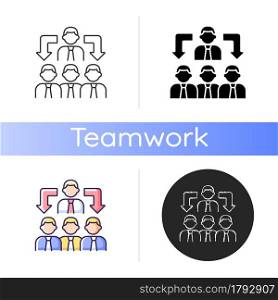 Coordination icon. Business relations. Process of organizing people. Team work skill. Coworking. Colleagues work together. Linear black and RGB color styles. Isolated vector illustrations. Coordination icon