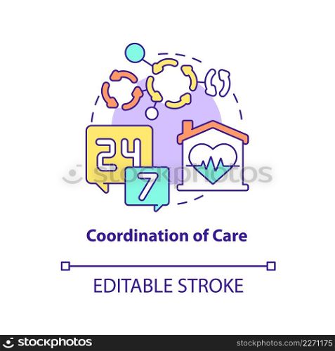Coordination of care concept icon. Continual help. Hospice service for patient abstract idea thin line illustration. Isolated outline drawing. Editable stroke. Arial, Myriad Pro-Bold fonts used. Coordination of care concept icon